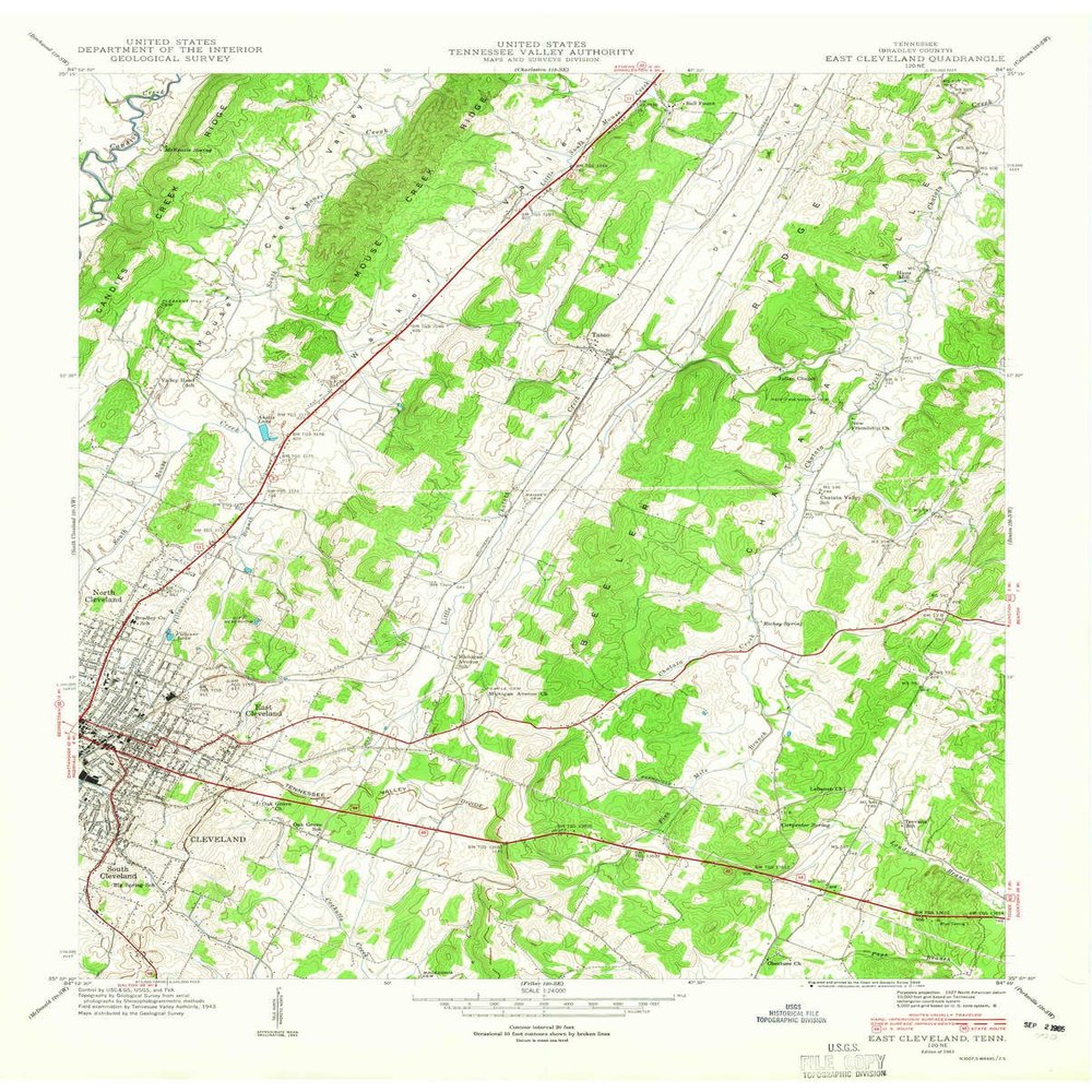 YellowMaps East Cleveland TN topo map, 1:24000 Scale, 7.5 X 7.5 Minute, Historical, 1943, Updated 1946, 27.3 x 22 in - Polypropylene