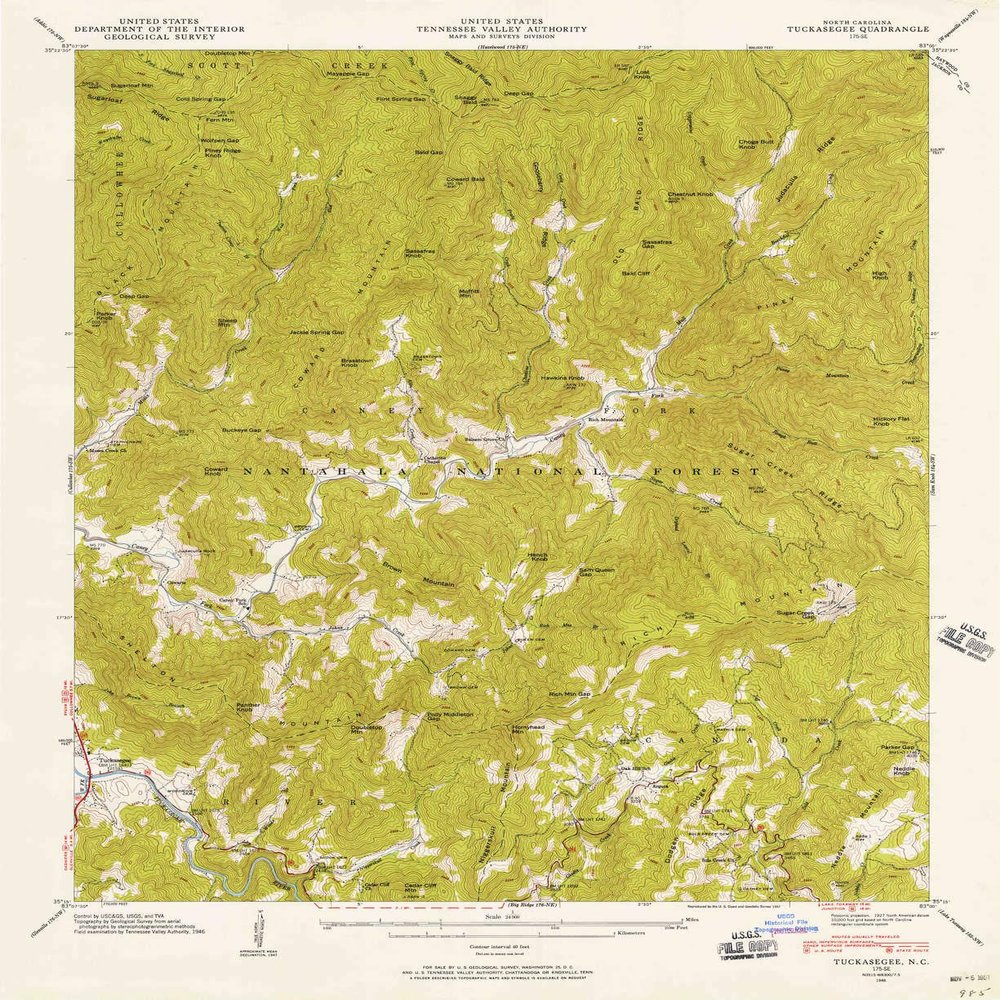 YellowMaps Tuckasegee NC topo map, 1:24000 Scale, 7.5 X 7.5 Minute, Historical, 1946, Updated 1957, 26.7 x 21.8 in - Polypropylene