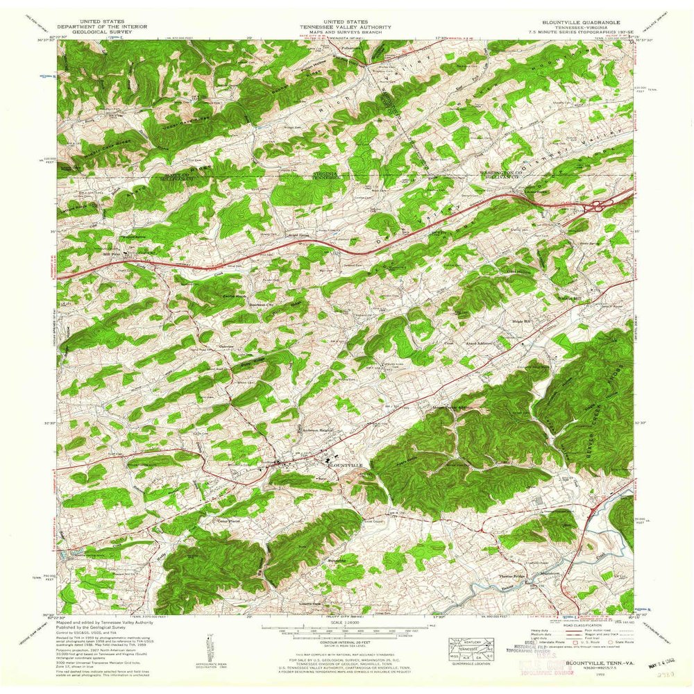 YellowMaps Blountville TN topo map, 1:24000 Scale, 7.5 X 7.5 Minute, Historical, 1959, Updated 1962, 27.4 x 22 in - Tyvek