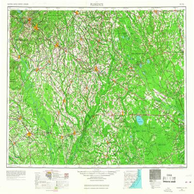 YellowMaps Florence SC topo map, 1:250000 Scale, 1 X 2 Degree, Historical, 1953, Updated 1967, 22 x 32.1 in - Polypropylene