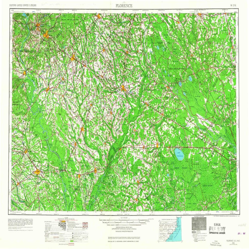YellowMaps Florence SC topo map, 1:250000 Scale, 1 X 2 Degree, Historical, 1953, Updated 1967, 22 x 32.1 in - Polypropylene