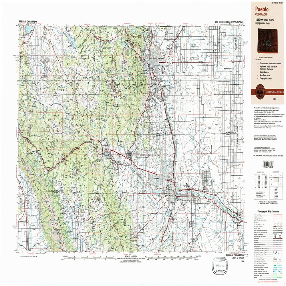 Pueblo CO topo map, 1:250000 Scale, 1 X 2 Degree, Historical, 1989, Updated 1989, 22.2 x 35 in - Polypropylene