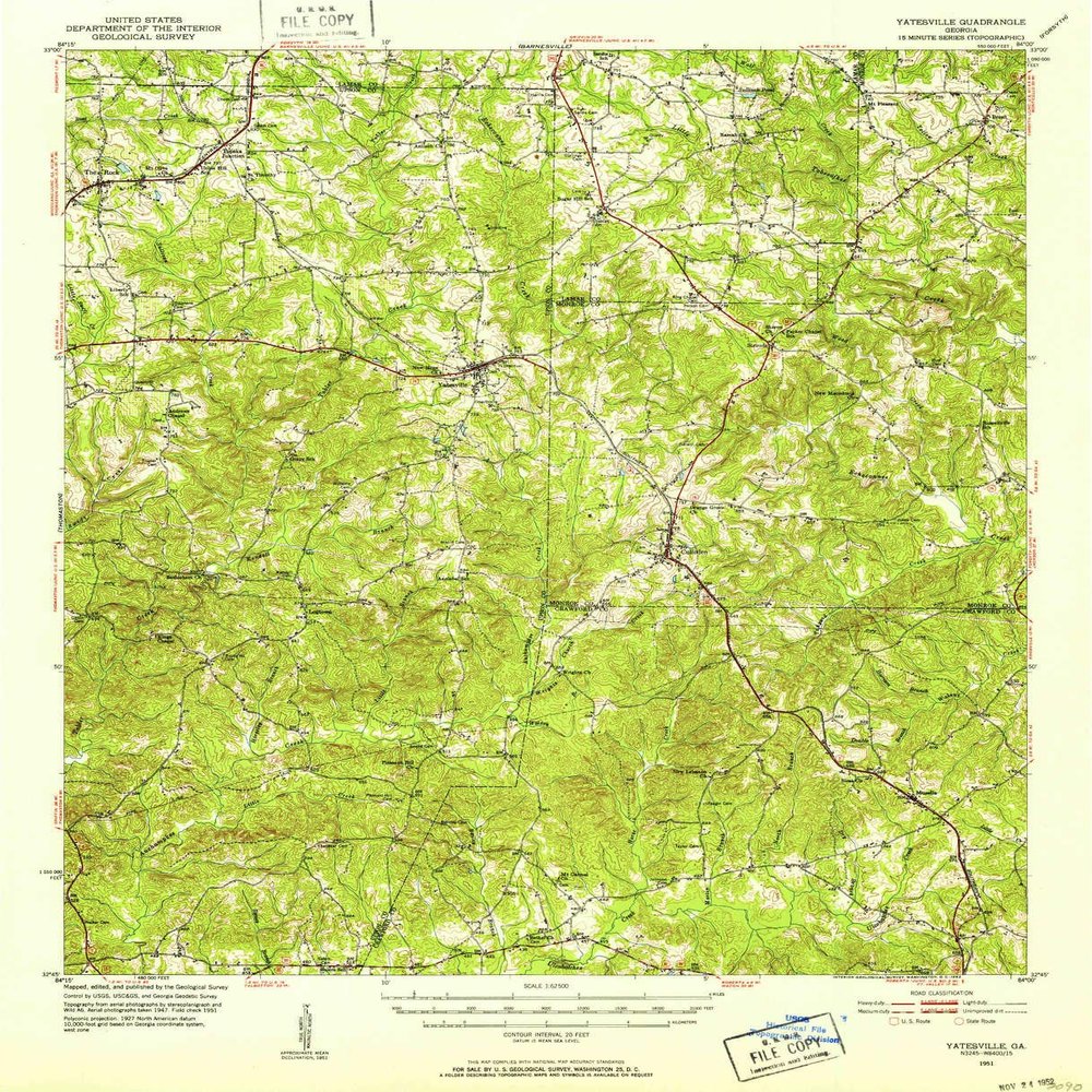 YellowMaps Yatesville GA topo map, 1:62500 Scale, 15 X 15 Minute, Historical, 1951, Updated 1952, 20.6 x 16.7 in - Tyvek