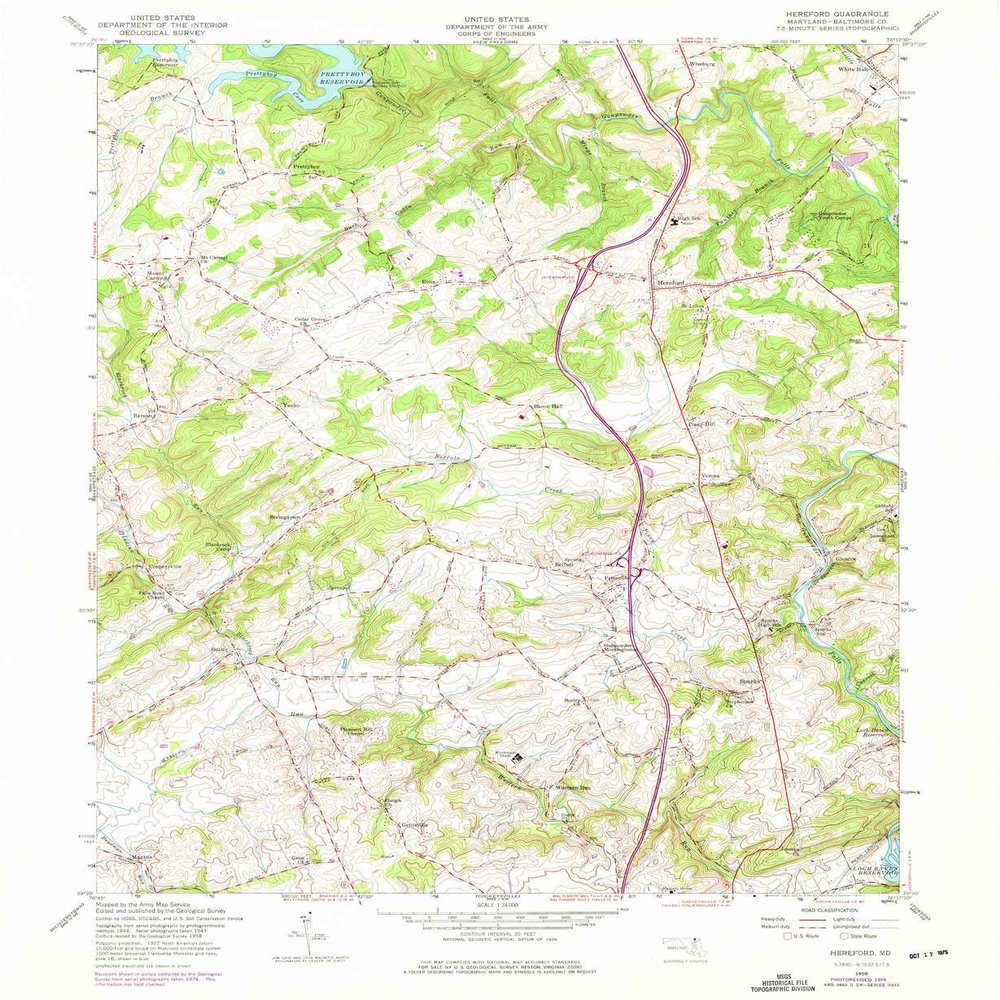 YellowMaps Hereford MD topo map, 1:24000 Scale, 7.5 X 7.5 Minute, Historical, 1958, Updated 1975, 26.8 x 22 in - Tyvek