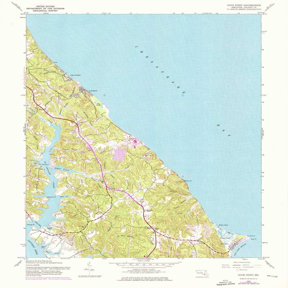 YellowMaps Cove Point MD topo map, 1:24000 Scale, 7.5 X 7.5 Minute, Historical, 1943, Updated 1976, 26.9 x 21.9 in - Polypropylene