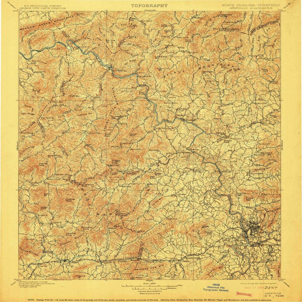 YellowMaps Asheville NC topo map, 1:125000 Scale, 30 X 30 Minute, Historical, 1901, Updated 1912, 19.7 x 16.5 in - Tyvek
