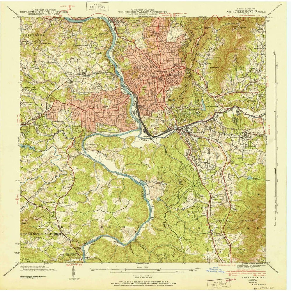 YellowMaps Asheville NC topo map, 1:24000 Scale, 7.5 X 7.5 Minute, Historical, 1943, Updated 1951, 27 x 22 in - Polypropylene