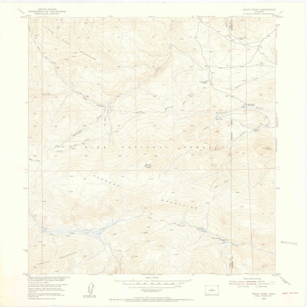 YellowMaps Windy Peak CO topo map, 1:24000 Scale, 7.5 X 7.5 Minute, Historical, 1954, Updated 1955, 27.2 x 22 in - Polypropylene