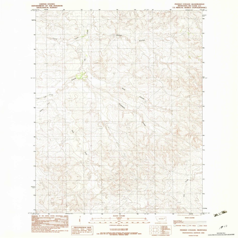 YellowMaps Pedigo Coulee MT topo map, 1:24000 Scale, 7.5 X 7.5 Minute, Historical, 1983, Updated 1983, 26.9 x 22.1 in - Polypropylene