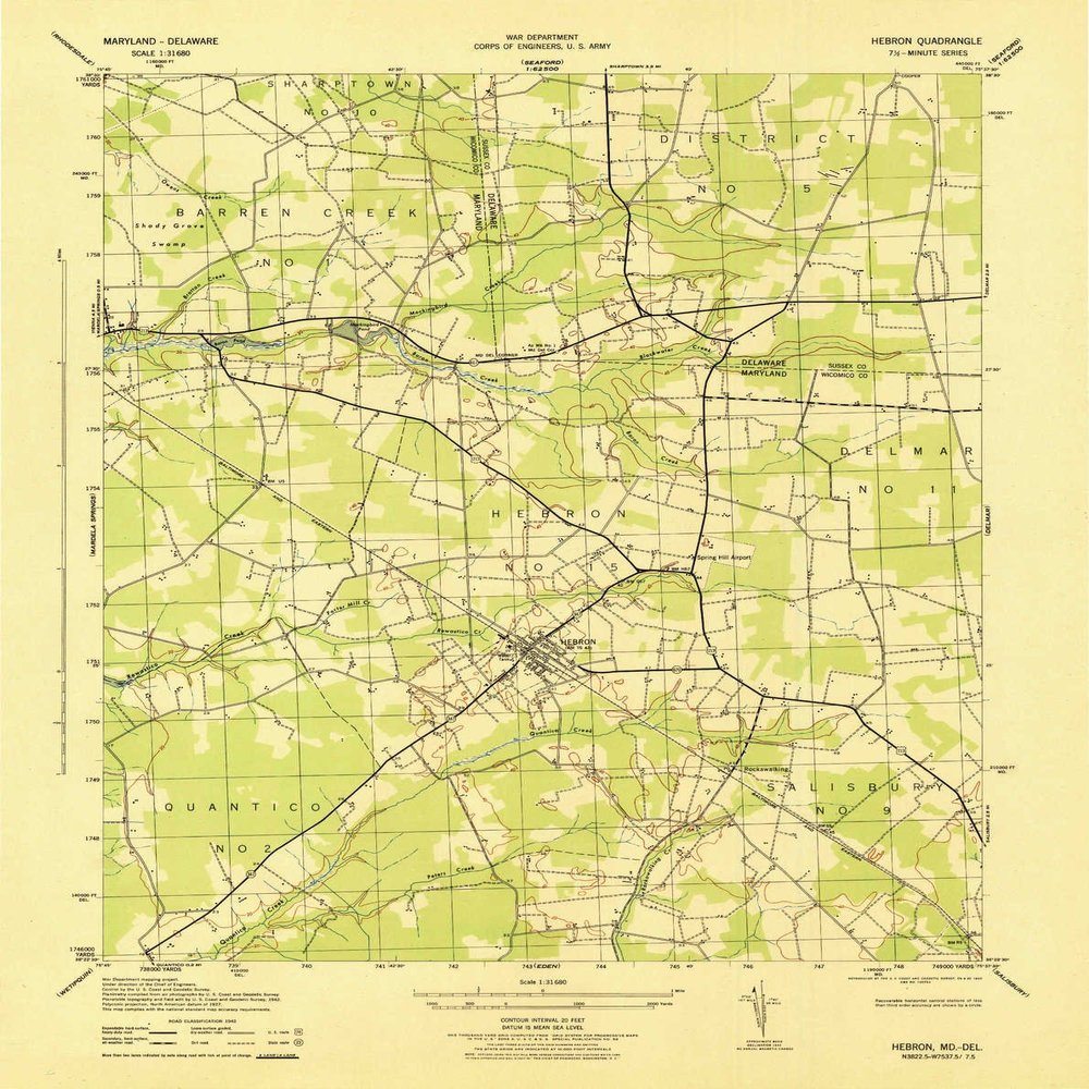 YellowMaps Hebron MD topo map, 1:31680 Scale, 7.5 X 7.5 Minute, Historical, 1943, 21.2 x 16.8 in - Polypropylene