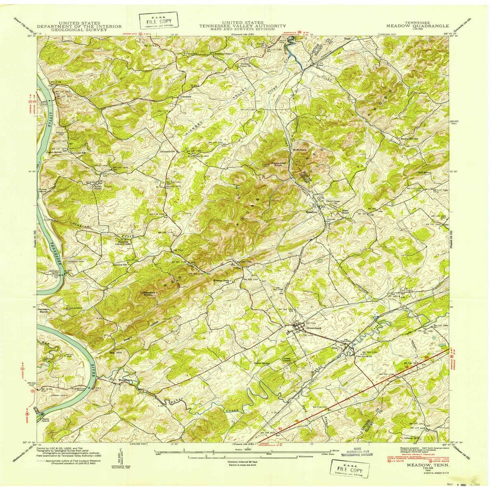Meadow TN topo map, 1:24000 Scale, 7.5 X 7.5 Minute, Historical, 1940, 27.4 x 22 in - Tyvek