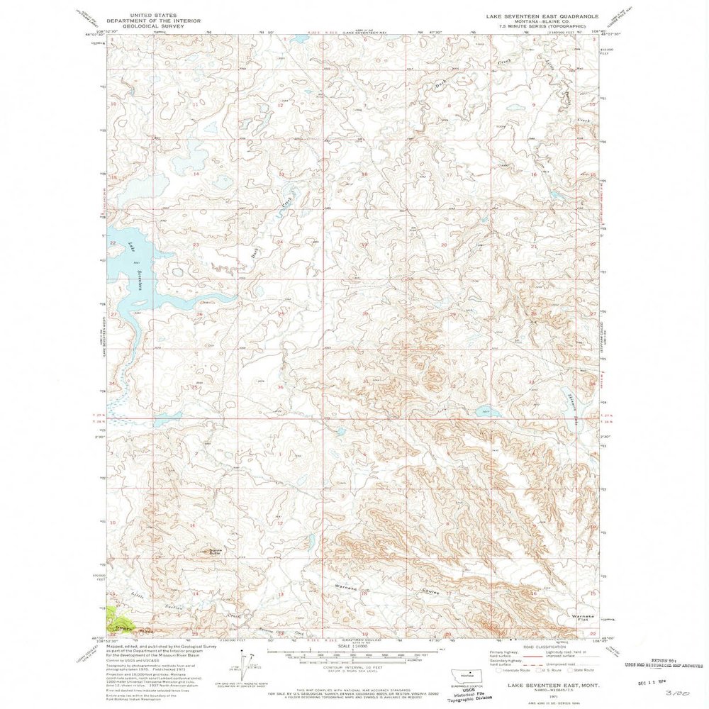 YellowMaps Lake Seventeen East MT topo map, 1:24000 Scale, 7.5 X 7.5 Minute, Historical, 1971, Updated 1974, 27 x 22.2 in - Polypropylene