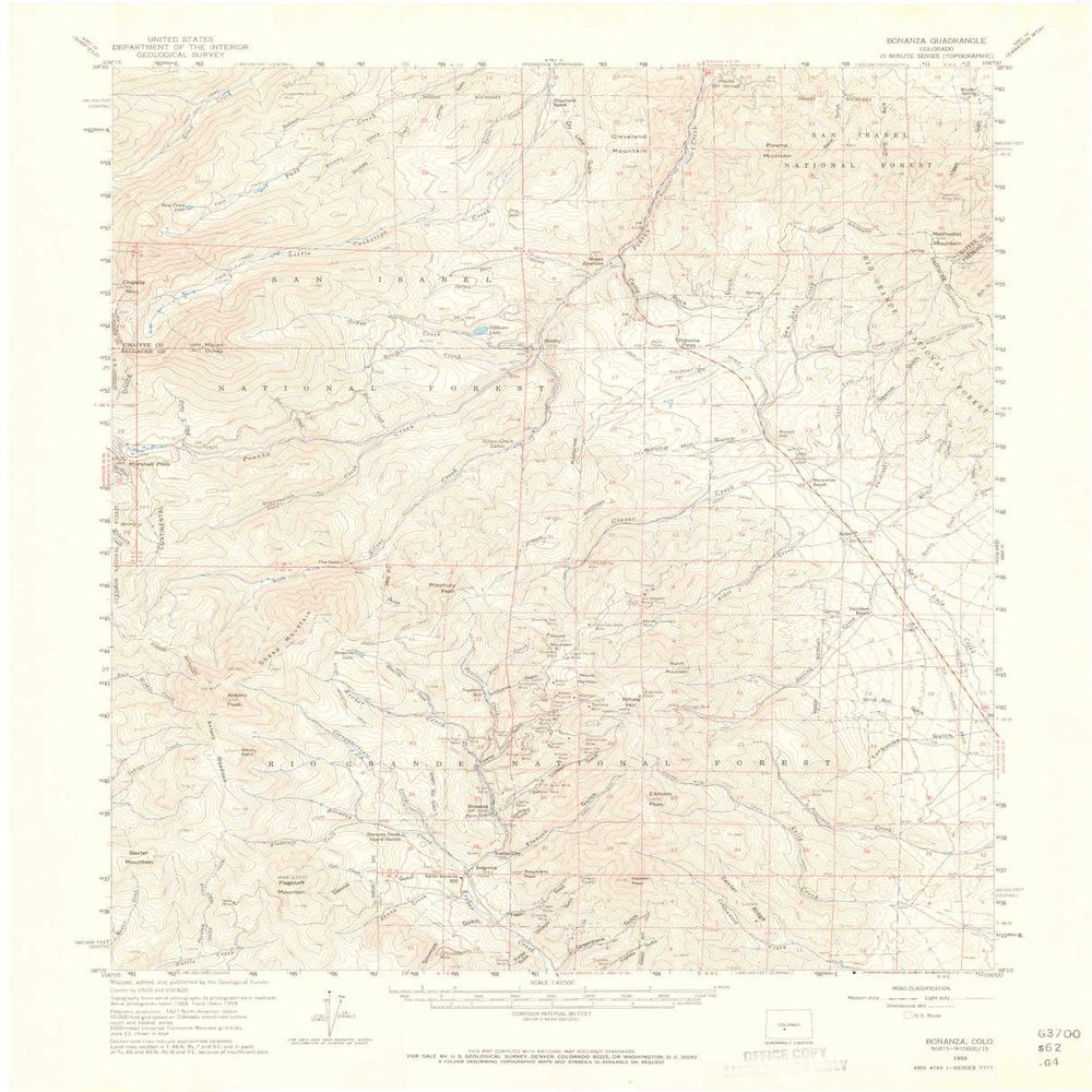YellowMaps Bonanza CO topo map, 1:62500 Scale, 15 X 15 Minute, Historical, 1959, Updated 1965, 21.2 x 17 in - Tyvek
