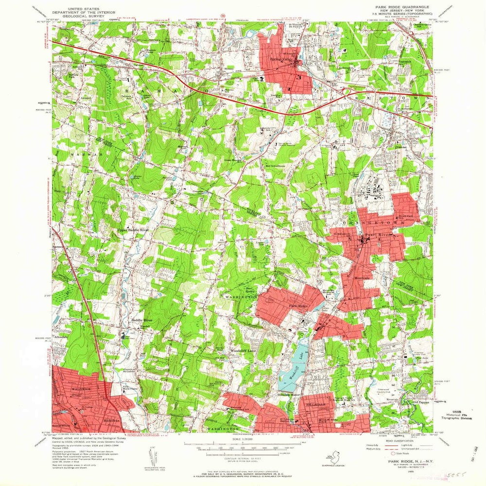 YellowMaps Park Ridge NJ topo map, 1:24000 Scale, 7.5 X 7.5 Minute, Historical, 1955, Updated 1963, 27 x 22 in - Polypropylene
