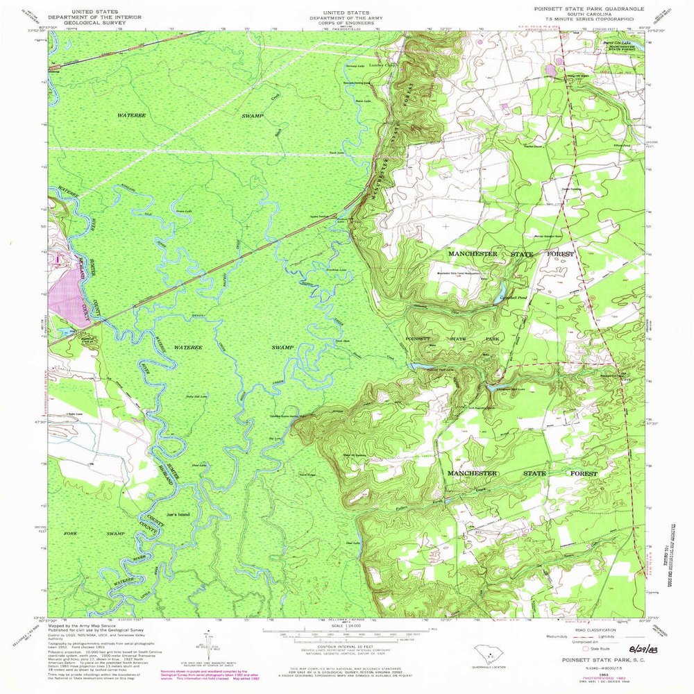YellowMaps Poinsett State Park SC topo map, 1:24000 Scale, 7.5 X 7.5 Minute, Historical, 1953, Updated 1983, 26.9 x 22.1 in - Polypropylene