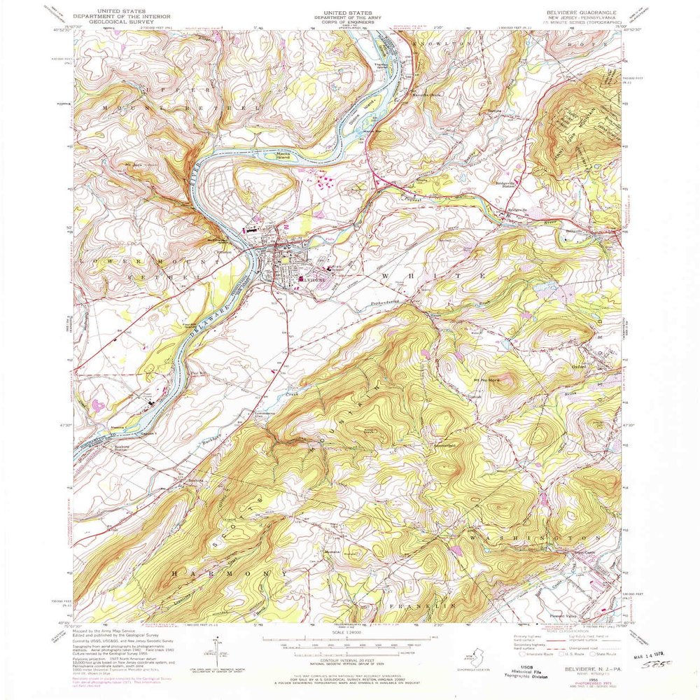 YellowMaps Belvidere NJ topo map, 1:24000 Scale, 7.5 X 7.5 Minute, Historical, 1955, Updated 1979, 26.9 x 22.1 in - Tyvek