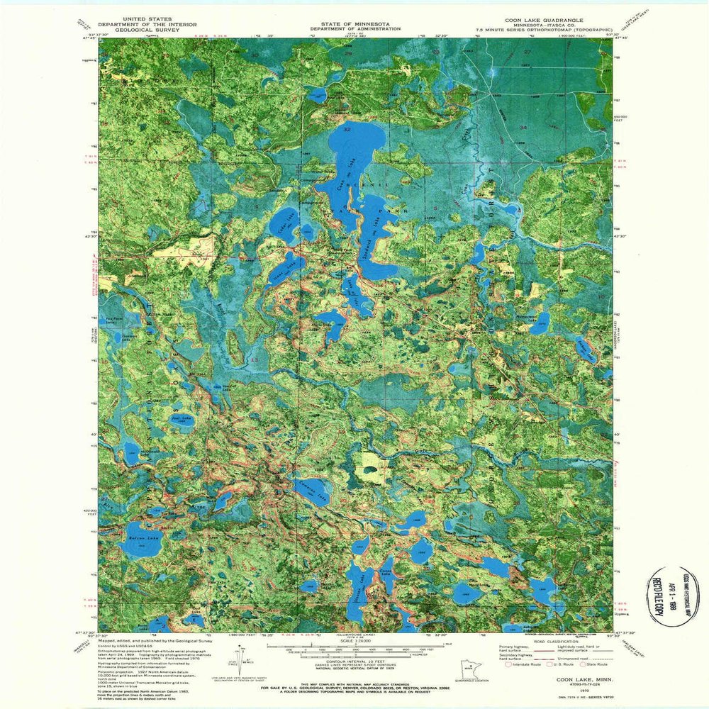 YellowMaps Coon Lake MN topo map, 1:24000 Scale, 7.5 X 7.5 Minute, Historical, 1970, Updated 1988, 27.2 x 21.2 in - Tyvek