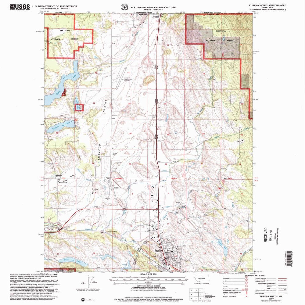 YellowMaps Eureka North MT topo map, 1:24000 Scale, 7.5 X 7.5 Minute, Historical, 1997, Updated 2000, 27.2 x 22.2 in - Polypropylene