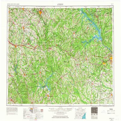 YellowMaps Athens GA topo map, 1:250000 Scale, 1 X 2 Degree, Historical, 1953, Updated 1966, 22.1 x 34 in - Tyvek