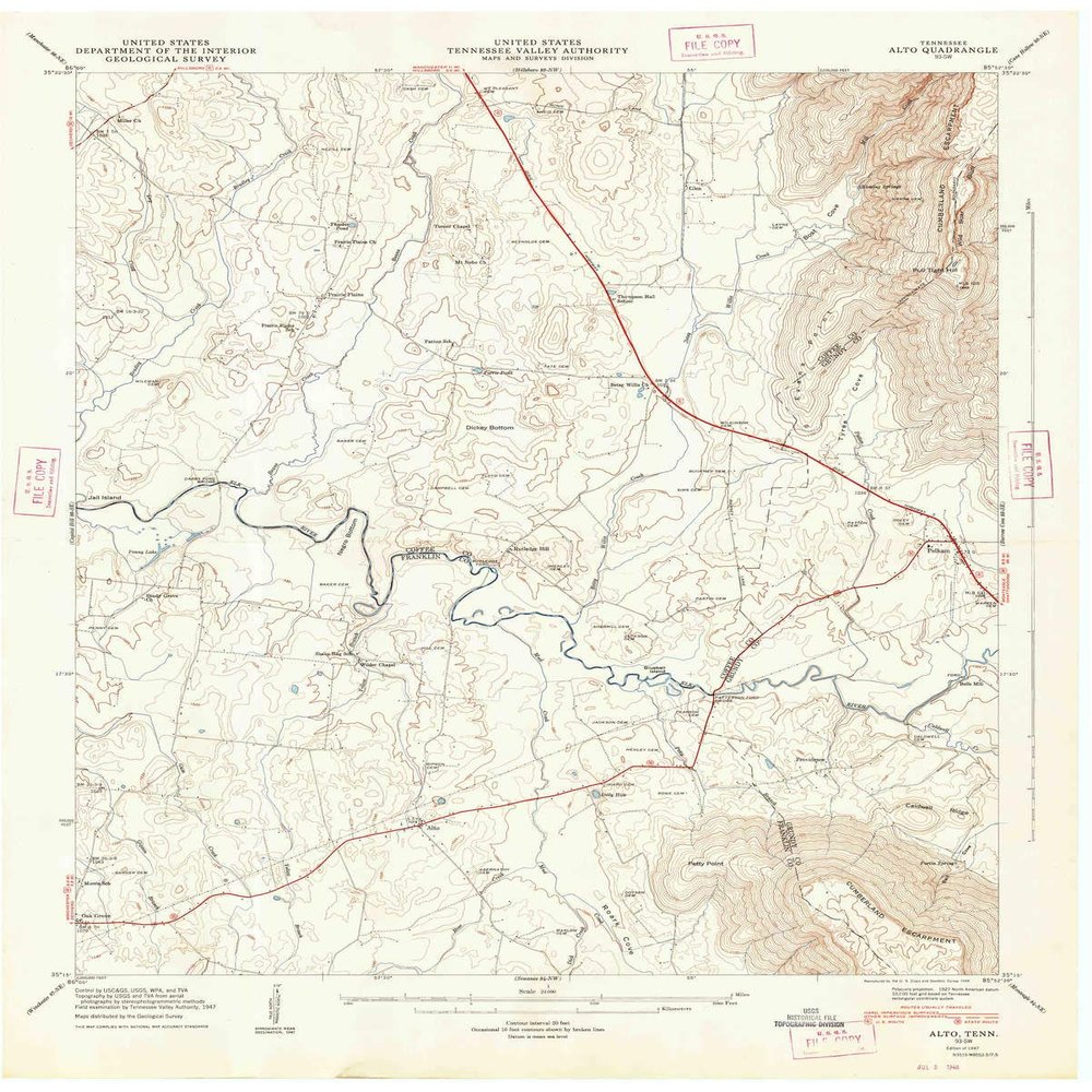YellowMaps Alto TN topo map, 1:24000 Scale, 7.5 X 7.5 Minute, Historical, 1947, Updated 1948, 27.5 x 22 in - Tyvek