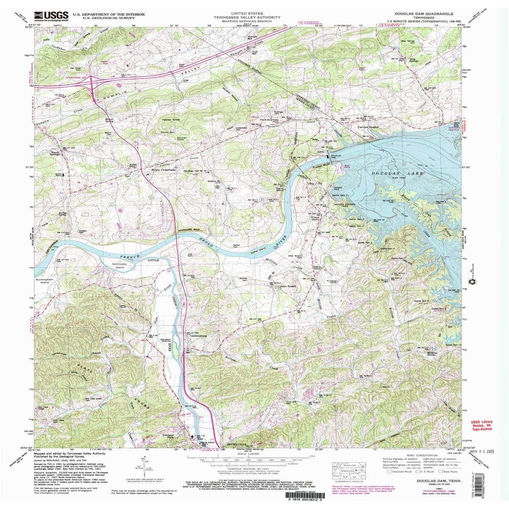 YellowMaps Douglas Dam TN topo map, 1:24000 Scale, 7.5 X 7.5 Minute, Historical, 1961, Updated 1987, 27.5 x 22 in - Polypropylene