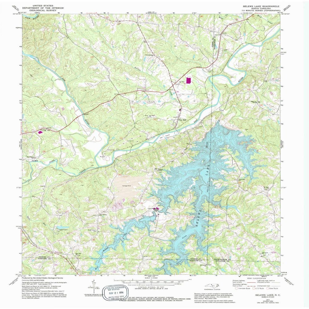 Belews Lake NC topo map, 1:24000 Scale, 7.5 X 7.5 Minute, Historical, 1971, Updated 1994, 26.9 x 21.9 in - Tyvek
