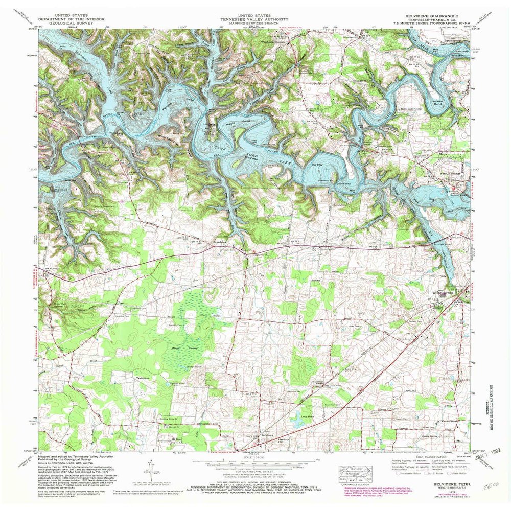 YellowMaps Belvidere TN topo map, 1:24000 Scale, 7.5 X 7.5 Minute, Historical, 1972, Updated 1982, 27.5 x 22 in - Tyvek
