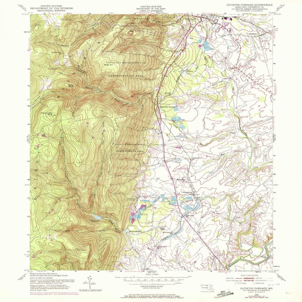 YellowMaps Catoctin Furnace MD topo map, 1:24000 Scale, 7.5 X 7.5 Minute, Historical, 1953, Updated 1972, 26.8 x 21.9 in - Tyvek