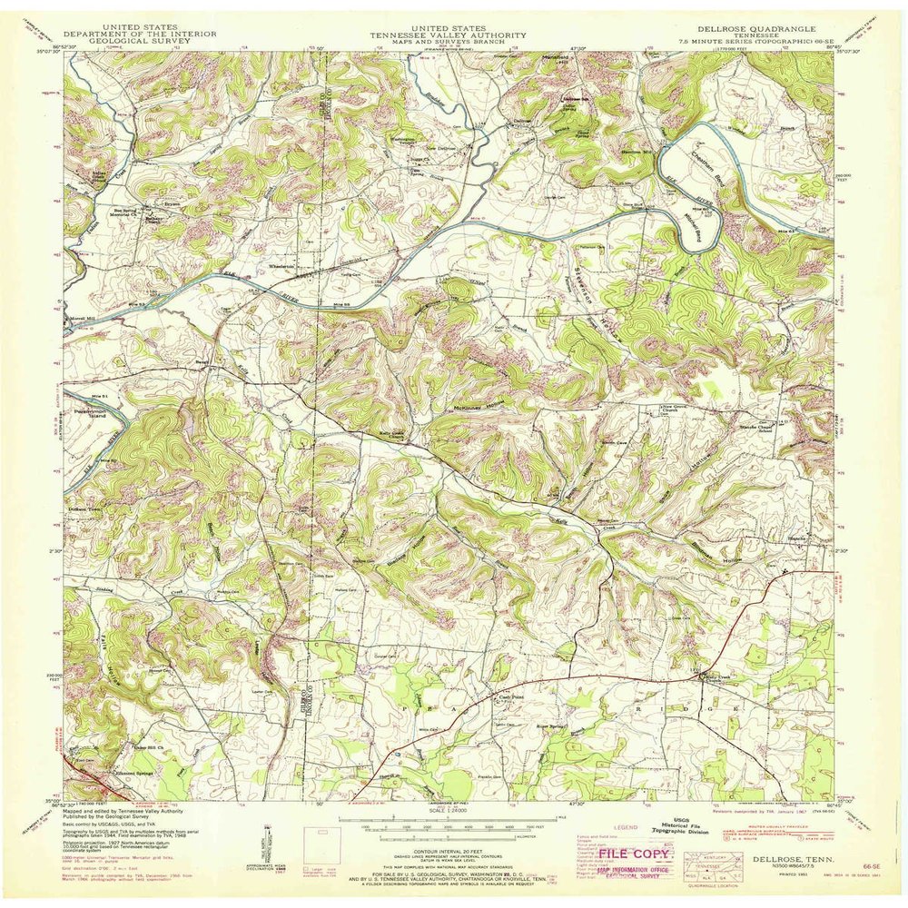 Dellrose TN topo map, 1:24000 Scale, 7.5 X 7.5 Minute, Historical, 1951, Updated 1967, 27.5 x 22 in - Polypropylene
