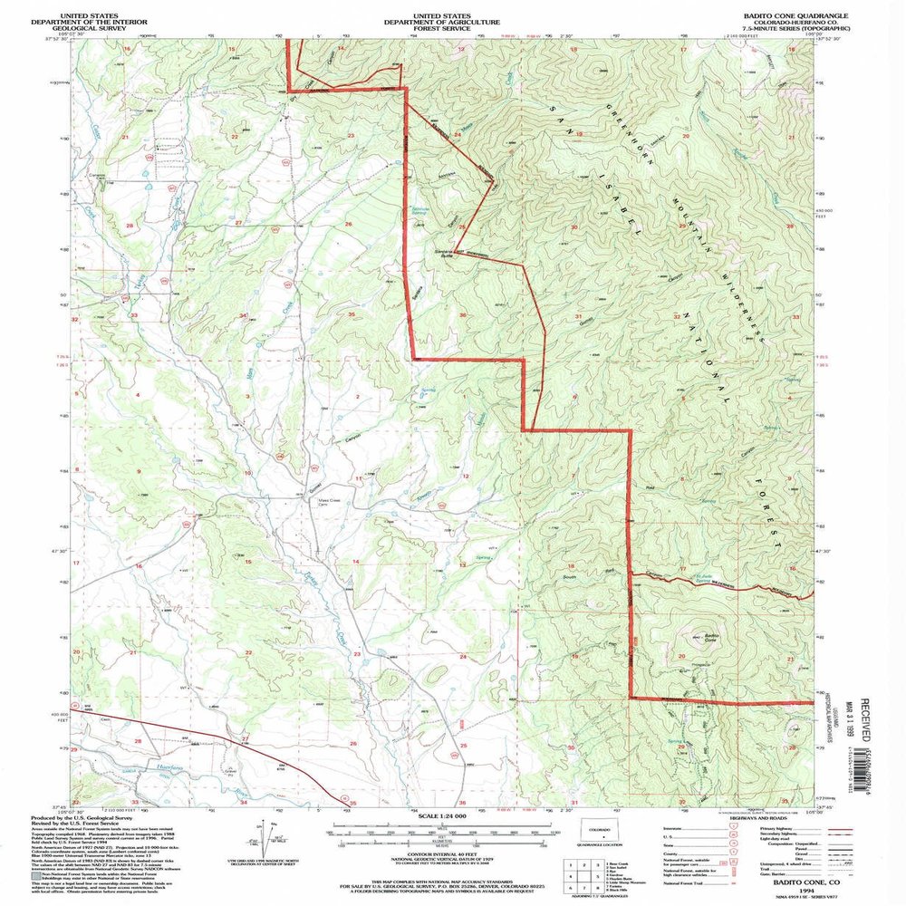 YellowMaps Badito Cone CO topo map, 1:24000 Scale, 7.5 X 7.5 Minute, Historical, 1994, Updated 1998, 26.7 x 21.9 in - Polypropylene