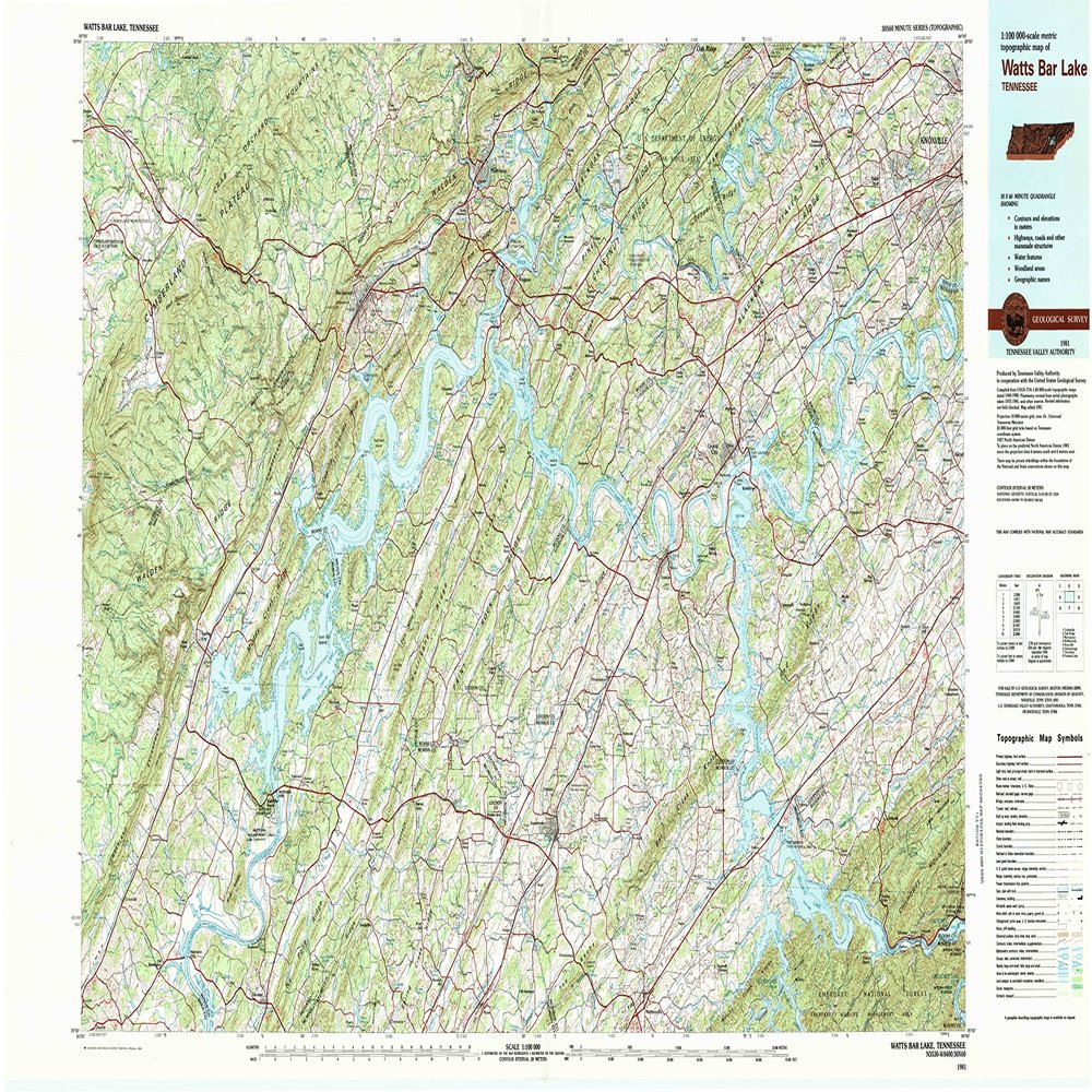 YellowMaps Watts Bar Lake TN topo map, 1:100000 Scale, 30 X 60 Minute, Historical, 1981, Updated 1984, 24.1 x 44.2 in - Polypropylene