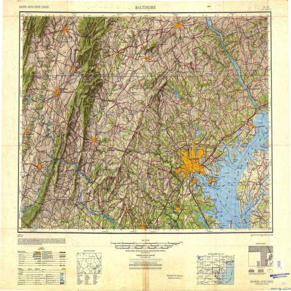 YellowMaps Baltimore MD topo map, 1:250000 Scale, 1 X 2 Degree, Historical, 1948, Updated 1948, 24 x 32 in - Polypropylene