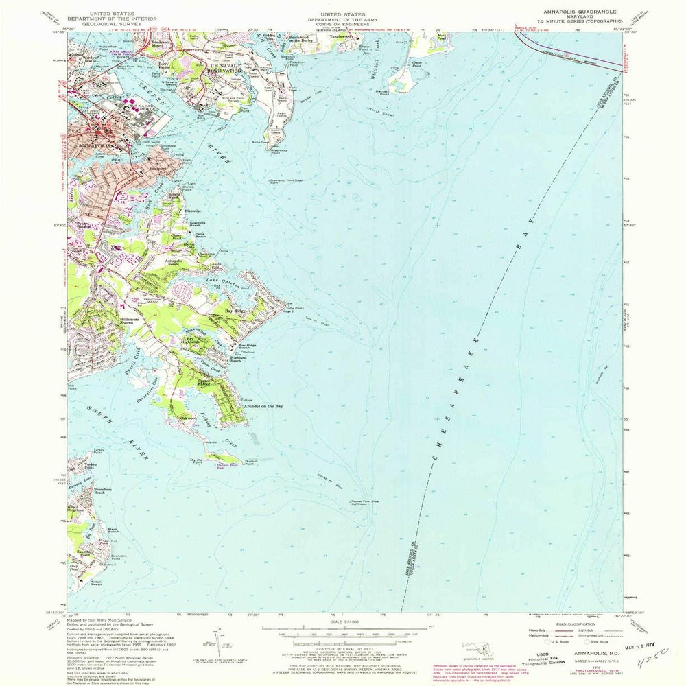 YellowMaps Annapolis MD topo map, 1:24000 Scale, 7.5 X 7.5 Minute, Historical, 1957, Updated 1976, 26.9 x 22 in - Paper