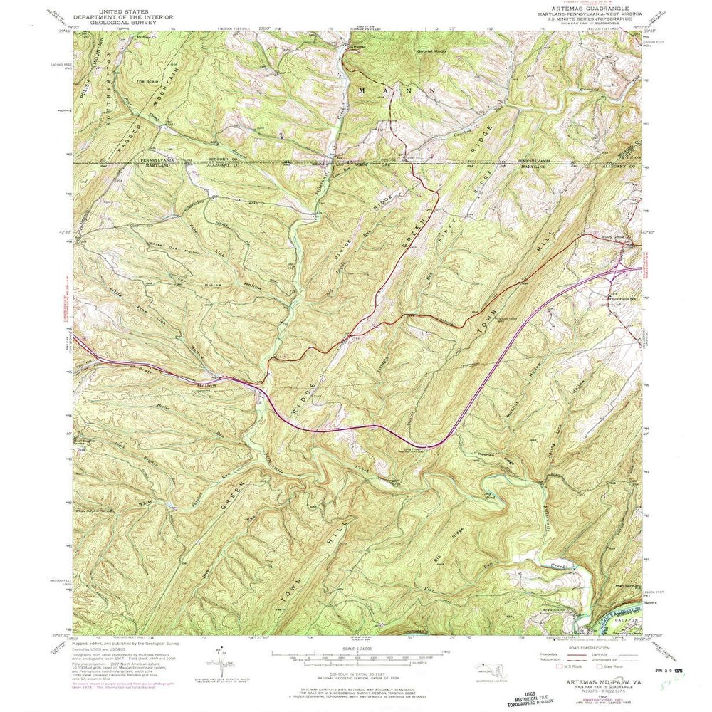 YellowMaps Artemas PA topo map, 1:24000 Scale, 7.5 X 7.5 Minute, Historical, 1950, Updated 1975, 26.8 x 22 in - Polypropylene