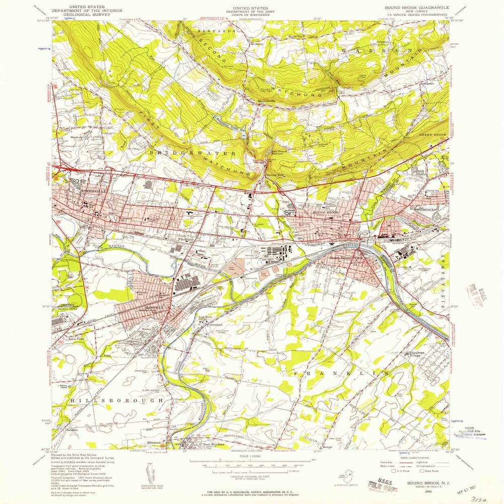 YellowMaps Bound Brook NJ topo map, 1:24000 Scale, 7.5 X 7.5 Minute, Historical, 1955, Updated 1957, 26.8 x 22.1 in - Polypropylene