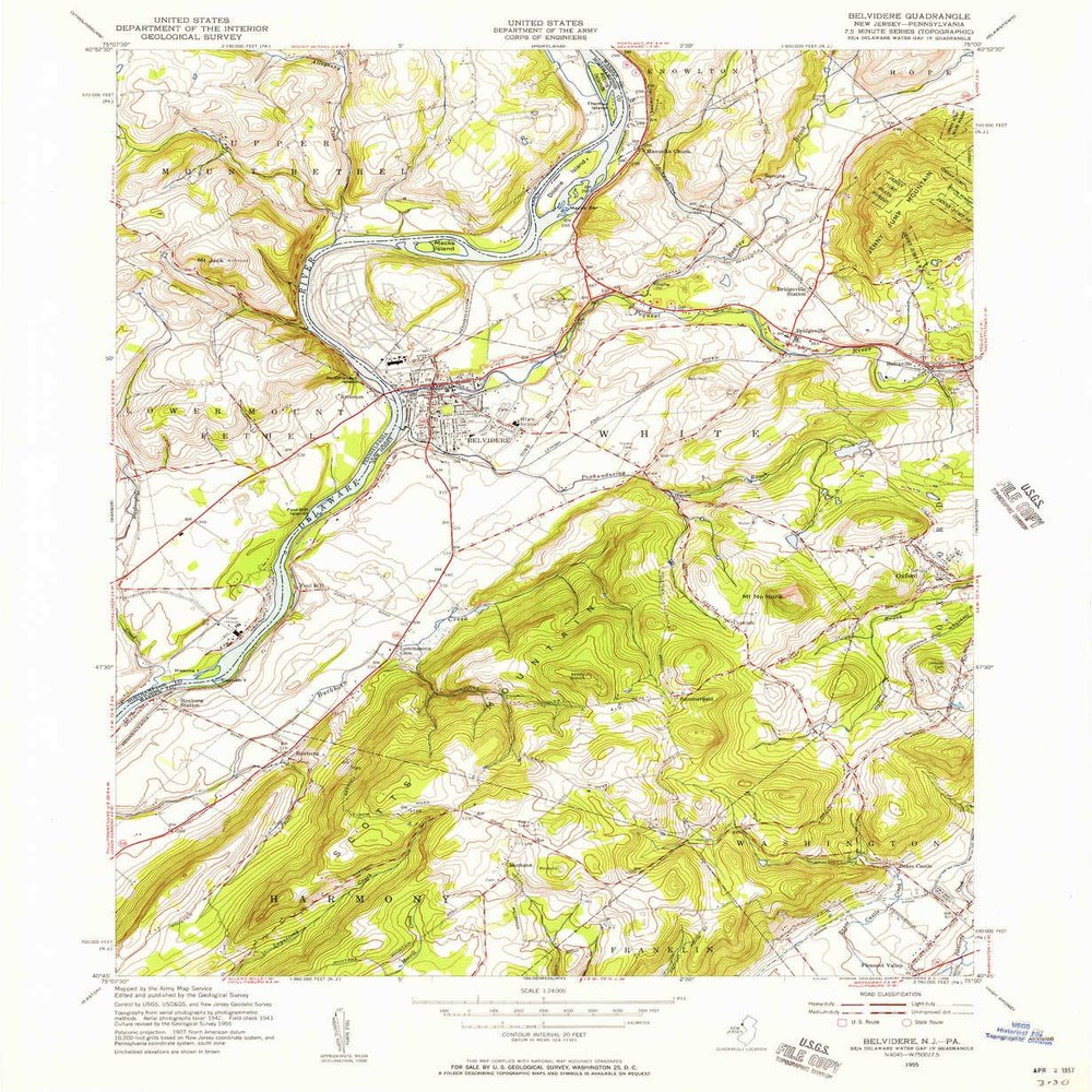 YellowMaps Belvidere NJ topo map, 1:24000 Scale, 7.5 X 7.5 Minute, Historical, 1955, Updated 1956, 26.9 x 22.1 in - Tyvek