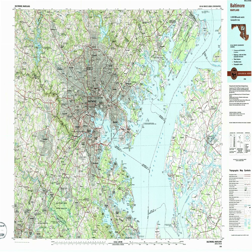 YellowMaps Baltimore MD topo map, 1:100000 Scale, 30 X 60 Minute, Historical, 1984, Updated 1984, 24.1 x 41.4 in - Polypropylene