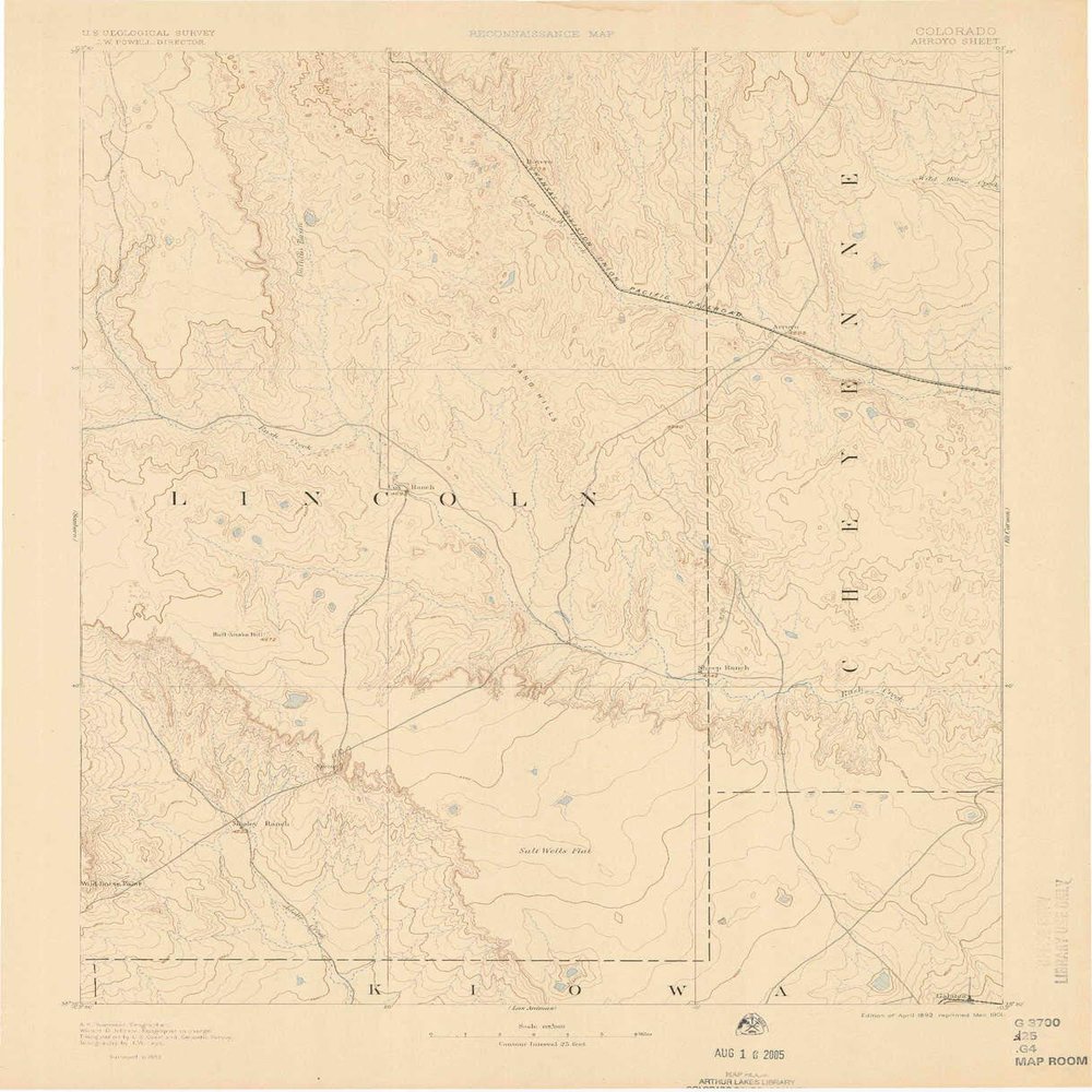 YellowMaps Arroyo CO topo map, 1:125000 Scale, 30 X 30 Minute, Historical, 1893, Updated 1901, 20 x 16.3 in - Polypropylene