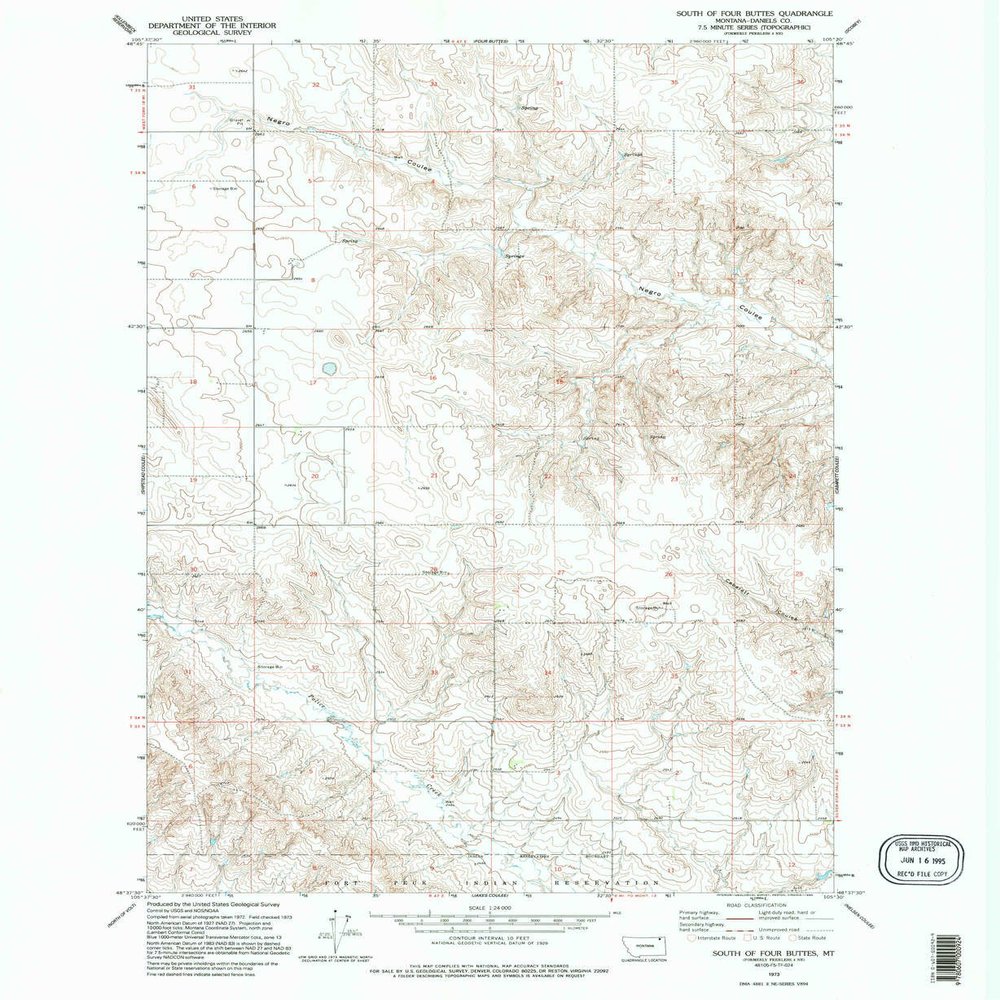 YellowMaps South of Four Buttes MT topo map, 1:24000 Scale, 7.5 X 7.5 Minute, Historical, 1973, Updated 1995, 27.1 x 22.2 in - Polypropylene