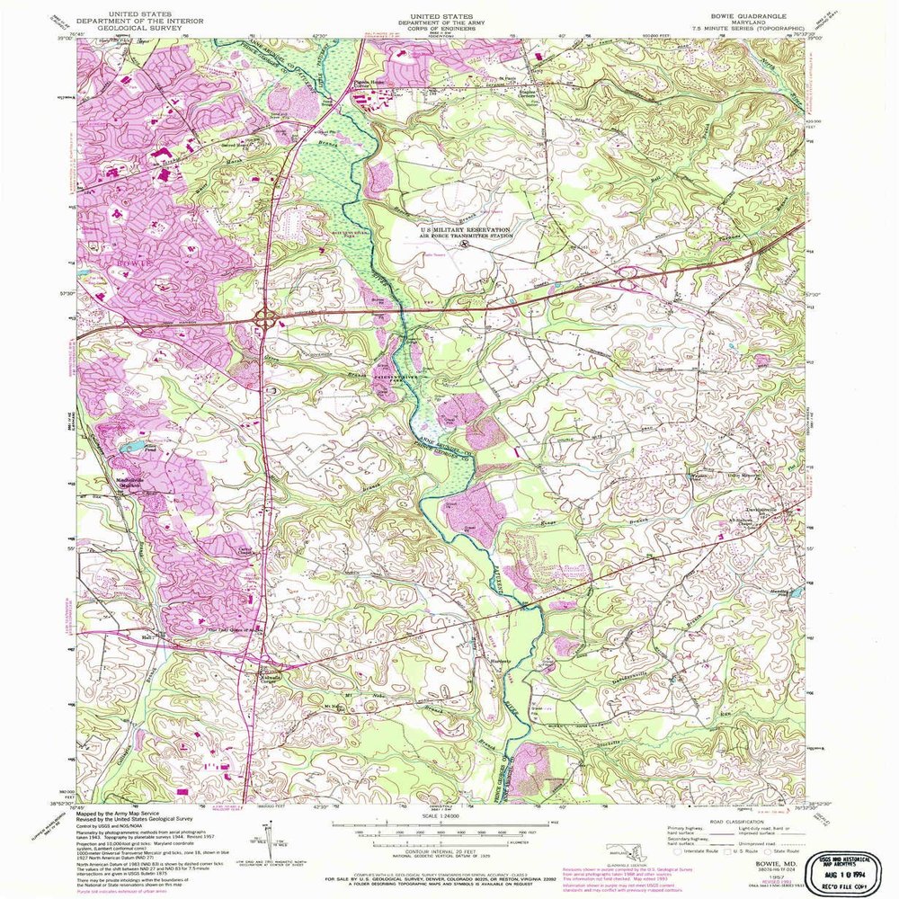 YellowMaps Bowie MD topo map, 1:24000 Scale, 7.5 X 7.5 Minute, Historical, 1957, Updated 1993, 26.6 x 21.8 in - Tyvek