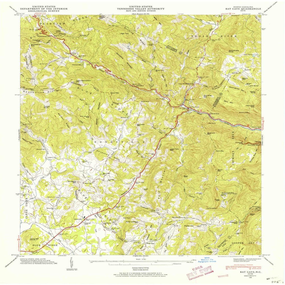 YellowMaps Bat Cave NC topo map, 1:24000 Scale, 7.5 X 7.5 Minute, Historical, 1946, Updated 1957, 27 x 22 in - Polypropylene
