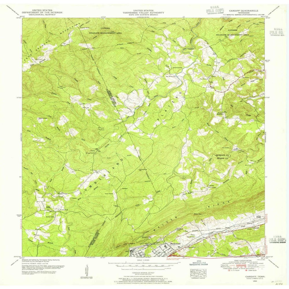 YellowMaps Cardiff TN topo map, 1:24000 Scale, 7.5 X 7.5 Minute, Historical, 1952, Updated 1956, 27.5 x 22 in - Polypropylene