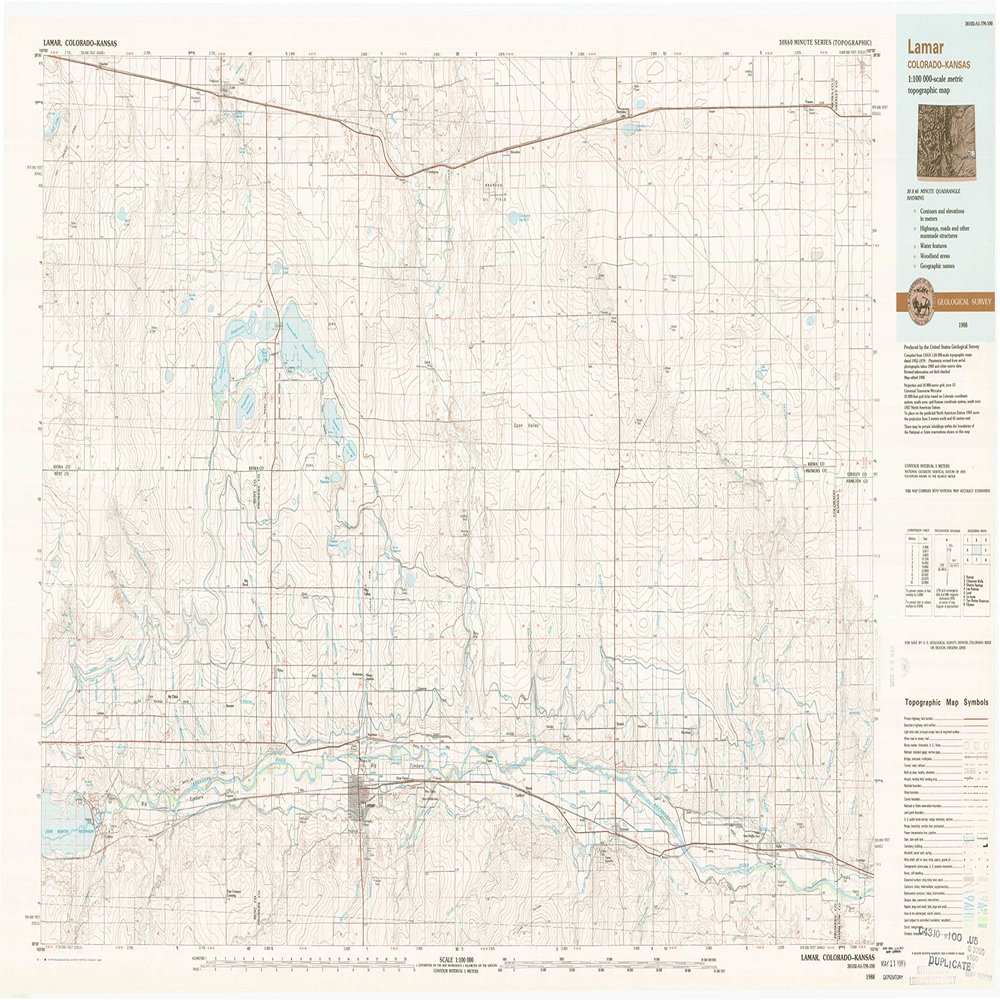 YellowMaps Lamar CO topo map, 1:100000 Scale, 30 X 60 Minute, Historical, 1988, Updated 1988, 24.6 x 41.5 in - Polypropylene