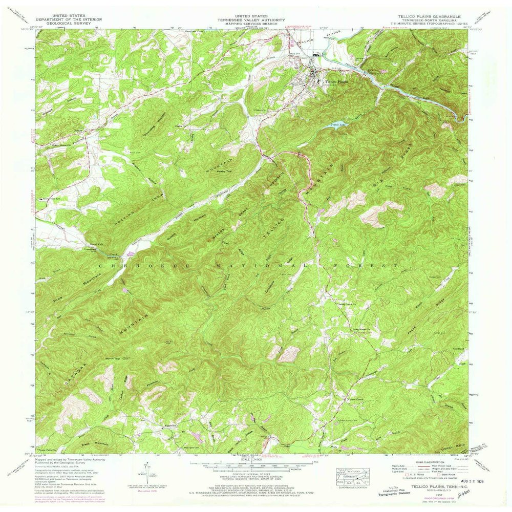 Tellico Plains TN topo map, 1:24000 Scale, 7.5 X 7.5 Minute, Historical, 1957, Updated 1978, 27.3 x 22 in - Polypropylene