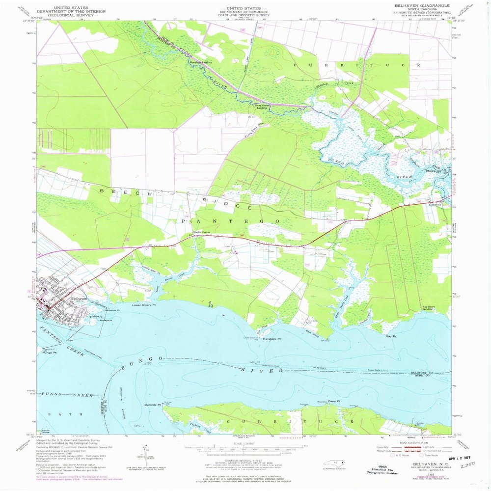 YellowMaps Belhaven NC topo map, 1:24000 Scale, 7.5 X 7.5 Minute, Historical, 1951, Updated 1977, 27 x 22 in - Polypropylene