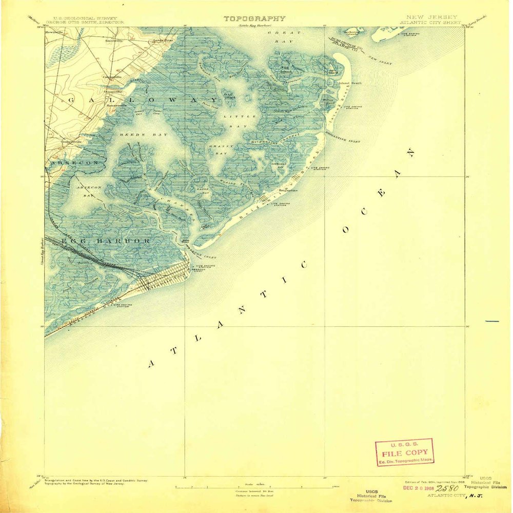 YellowMaps Atlantic City NJ topo map, 1:62500 Scale, 15 X 15 Minute, Historical, 1894, Updated 1908, 20 x 16.6 in - Polypropylene