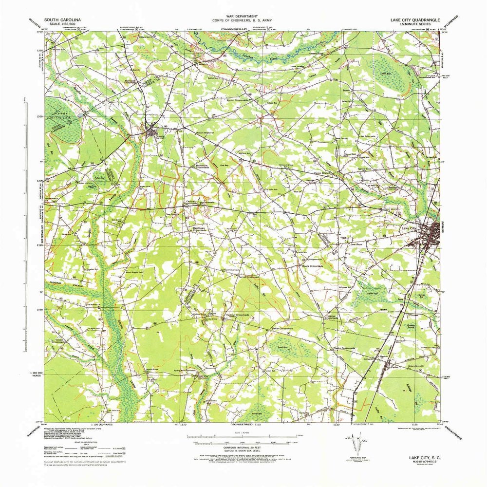 YellowMaps Lake City SC topo map, 1:62500 Scale, 15 X 15 Minute, Historical, 1946, 21.7 x 17.9 in - Tyvek