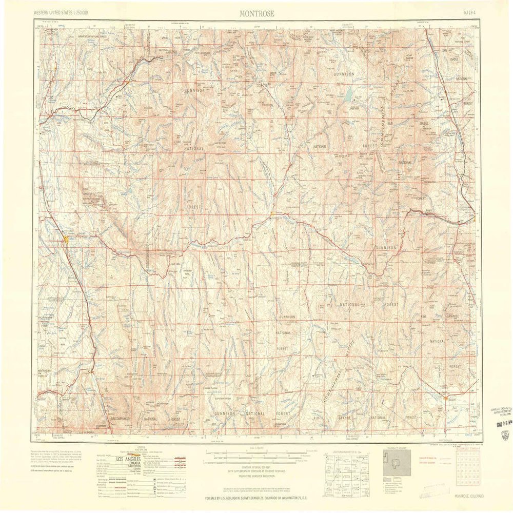YellowMaps Montrose CO topo map, 1:250000 Scale, 1 X 2 Degree, Historical, 1960, 22.1 x 32.3 in - Polypropylene