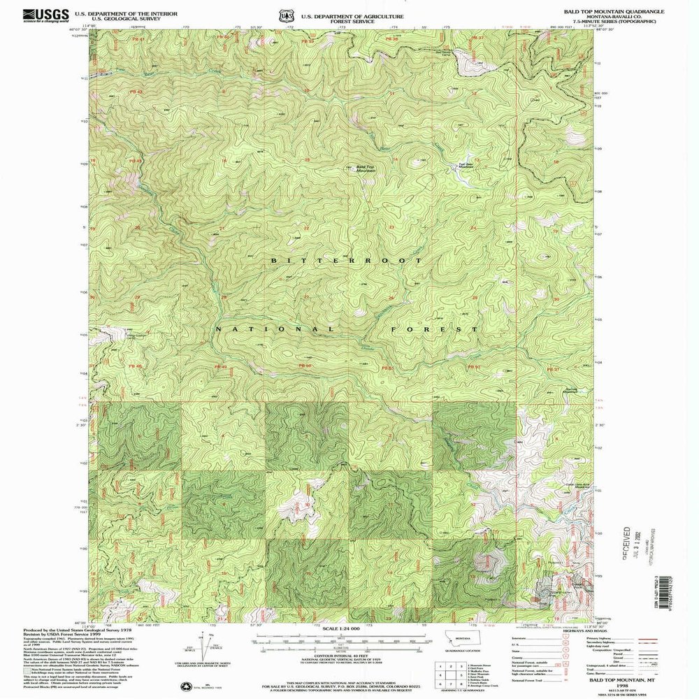 YellowMaps Bald Top Mountain MT topo map, 1:24000 Scale, 7.5 X 7.5 Minute, Historical, 1998, Updated 2002, 26.9 x 22 in - Polypropylene