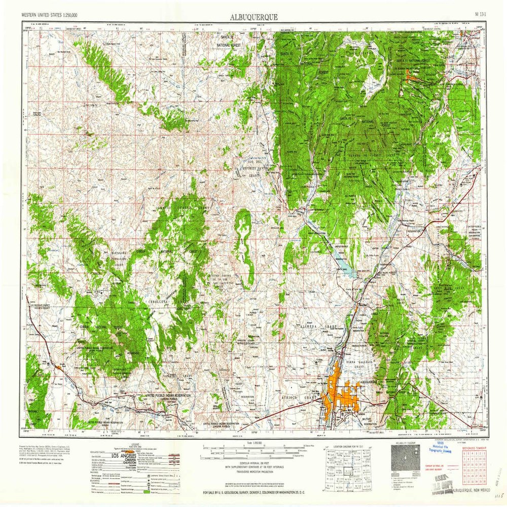 YellowMaps Albuquerque NM topo map, 1:250000 Scale, 1 X 2 Degree, Historical, 1958, 22.2 x 31.9 in - Tyvek